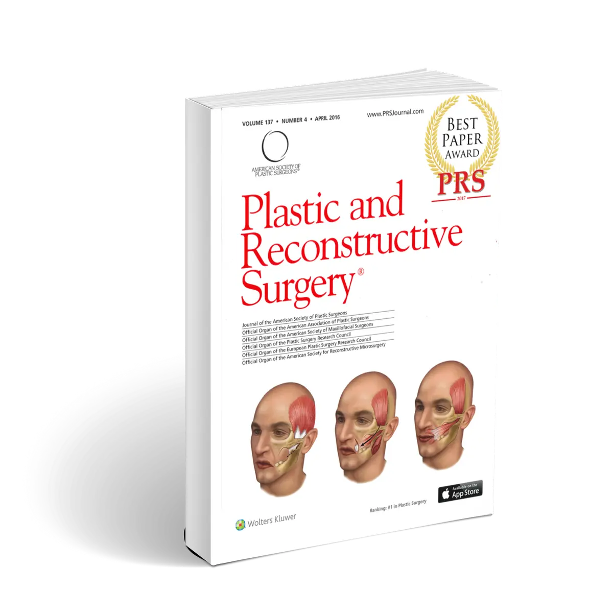Plastic and Reconstructive Surgery journal cover (Vol. 137, April 2016) featuring Dr. Panossian's award-winning lengthening temporalis myoplasty paper — ASPS Best Paper Award